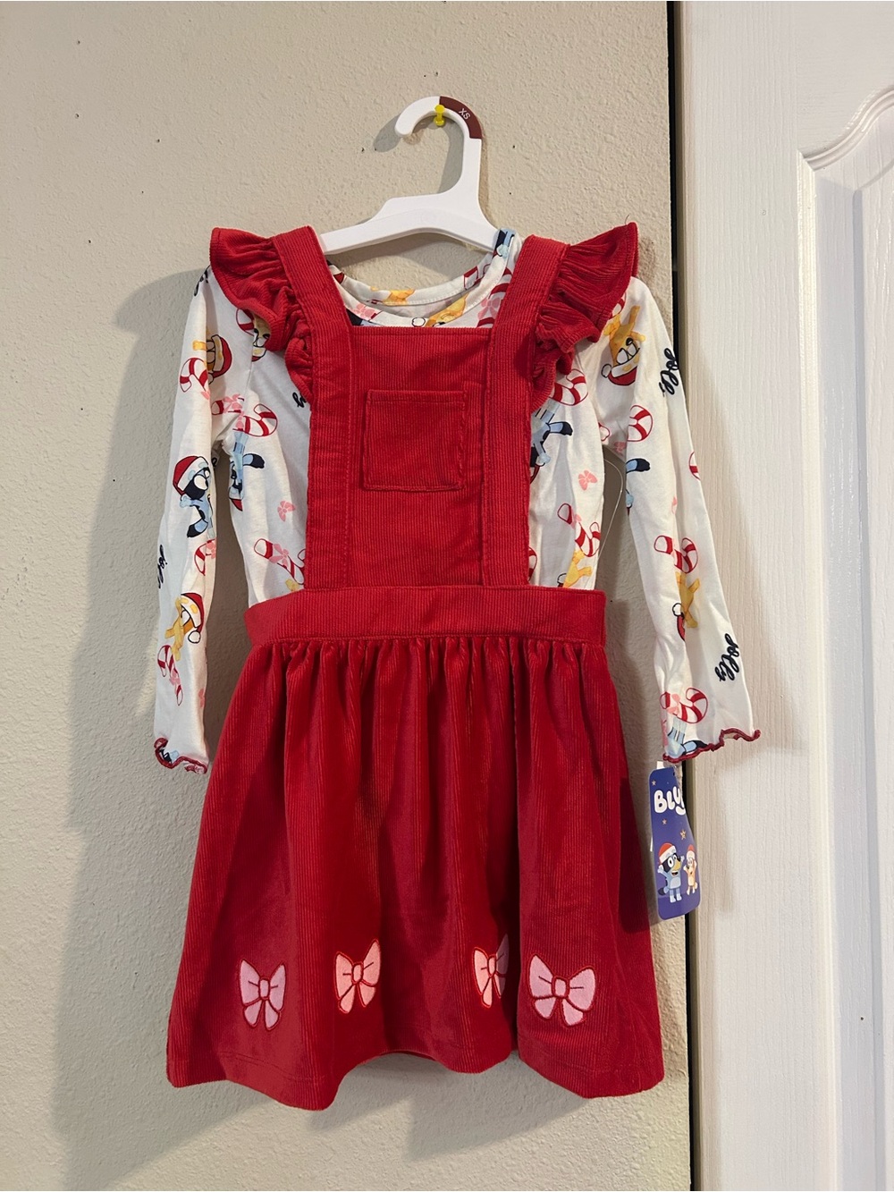 Red Pinafore Jumper Dress with Printed Long-Sleeve Top - Kids